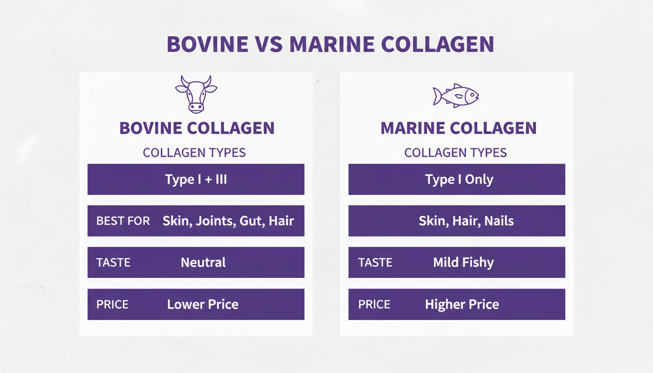 Comparison infographic — bovine collagen provides Type I and III for skin, joints, gut, and hair at a lower price, while marine collagen provides Type I only for skin, hair, and nails at a higher cost