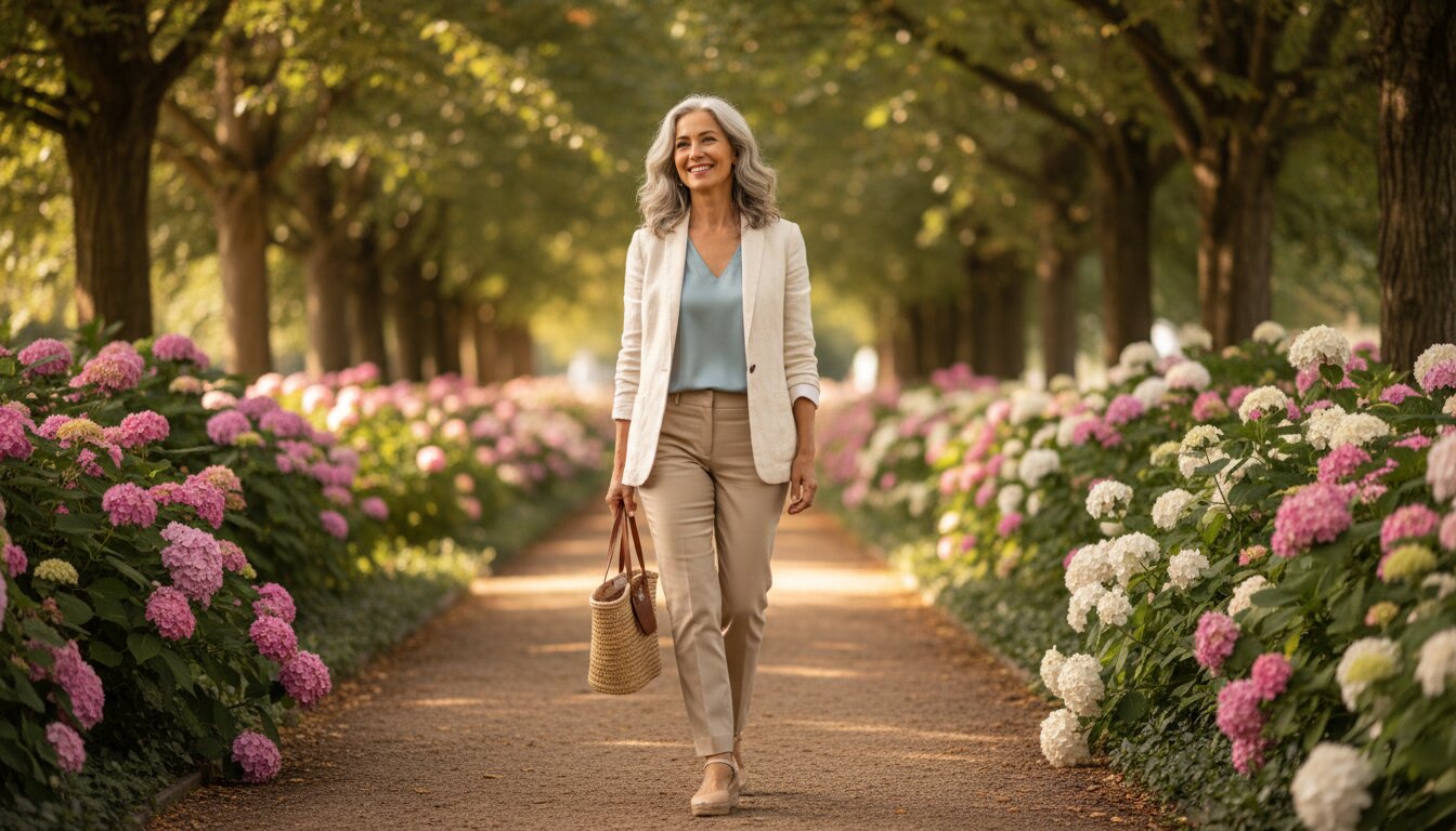 Confident woman in her 50s walking through a sunlit garden — staying active, vibrant, and feeling her best