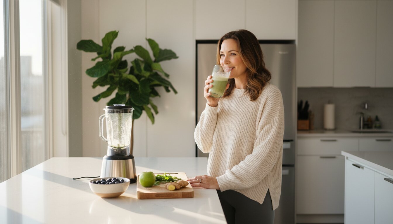 Woman enjoying a collagen drink in a bright kitchen — making wellness part of her everyday routine