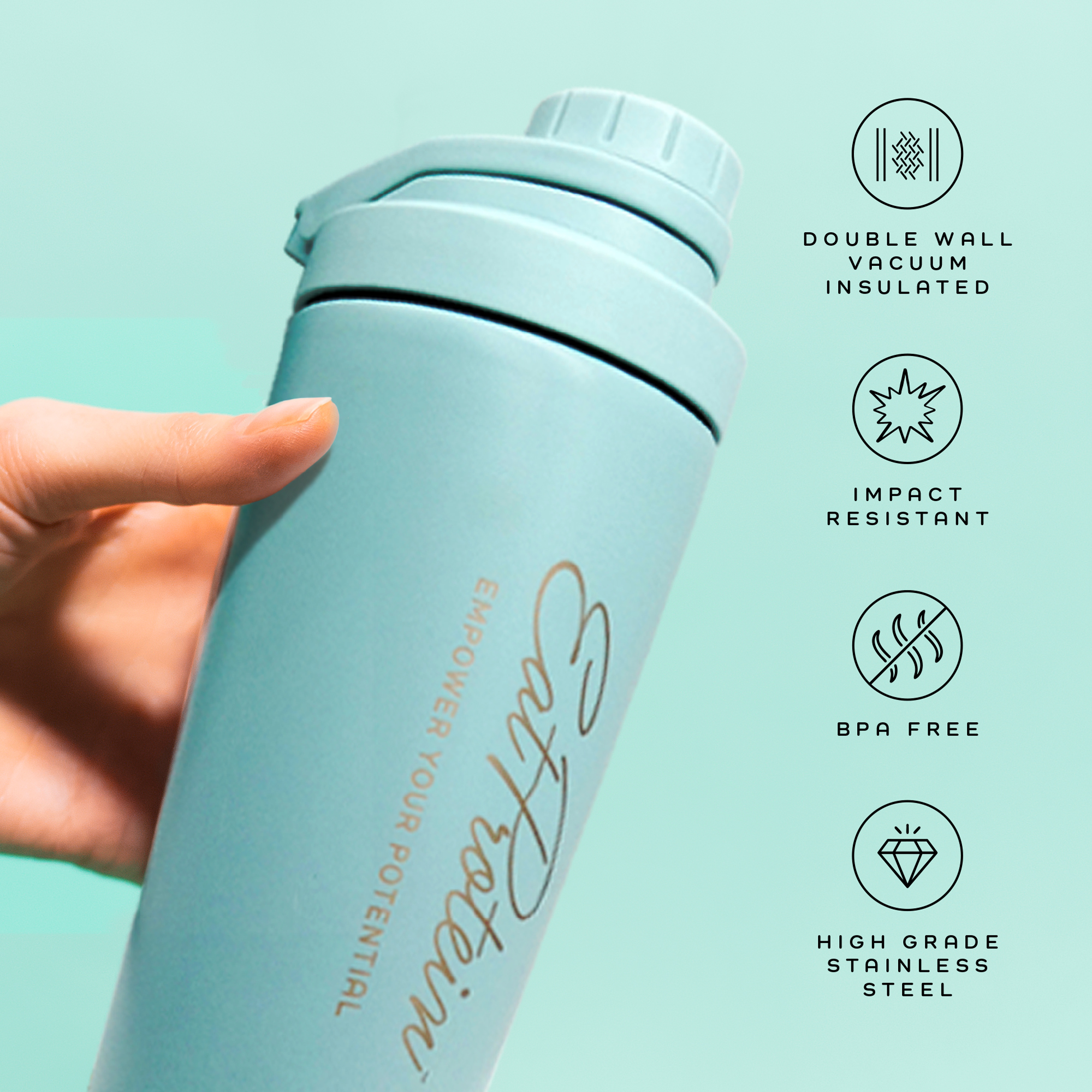 Stainless Steel Insulated Water Bottle + Shaker (600ml) Green - Image 3