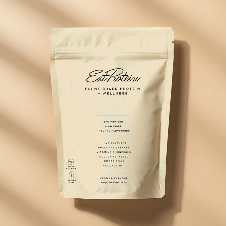 EatProtein Plant Based Protein and Wellness pouch on a natural beige background