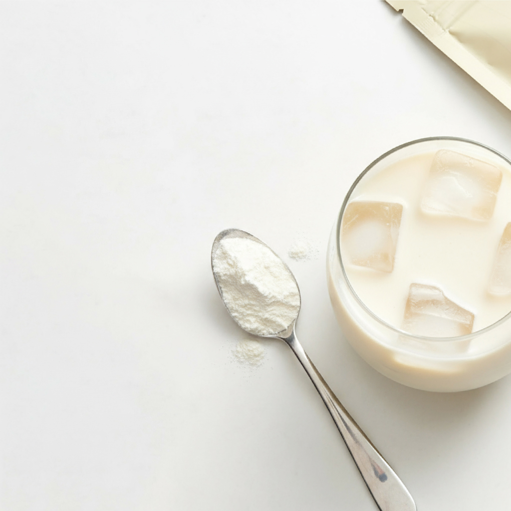 EatProtein plant-based protein powder on a spoon with a glass of mixed protein shake on ice