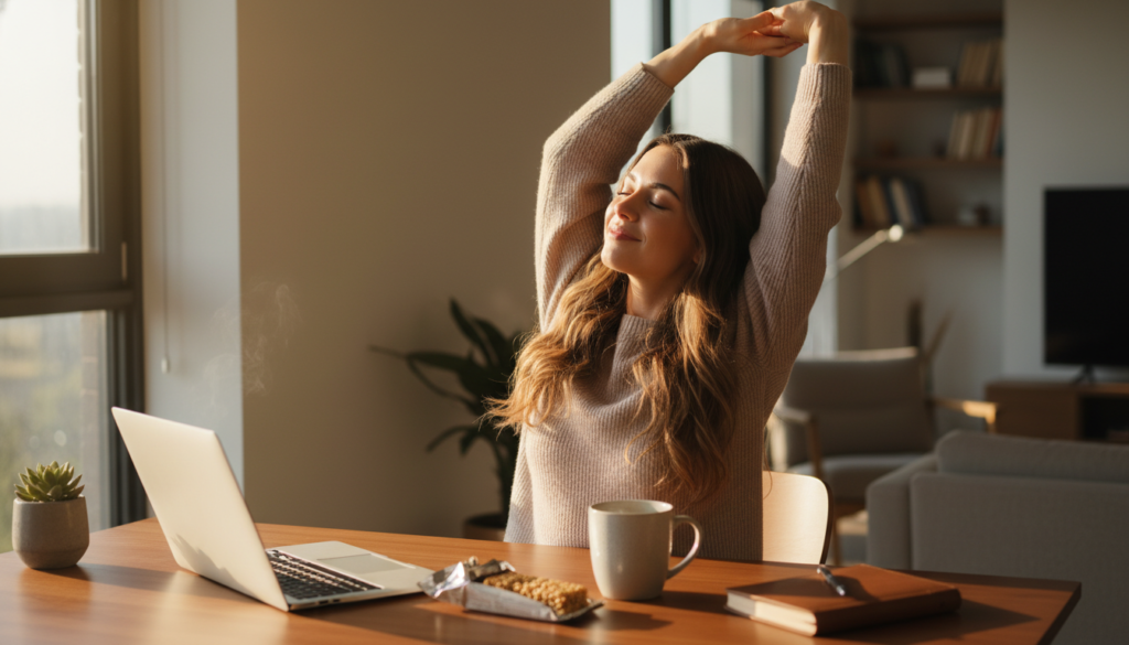 The 3pm energy slump - woman at desk with protein snack and tea in afternoon light