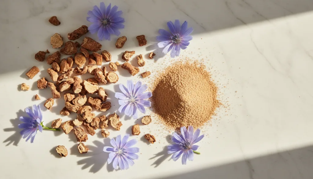 Chicory root fibre - pieces of chicory root with powder and blue chicory flowers