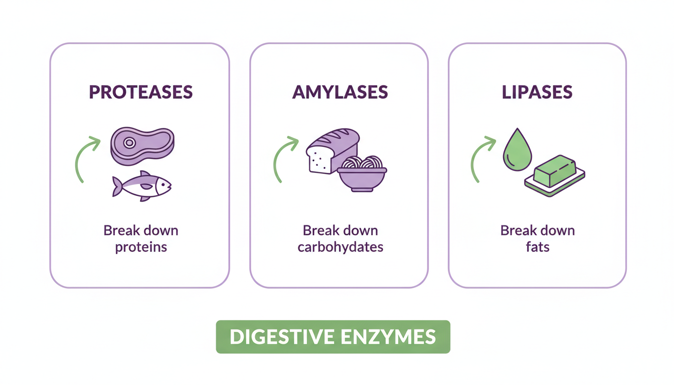Illustrated diagram showing the three types of digestive enzymes and what each one breaks down