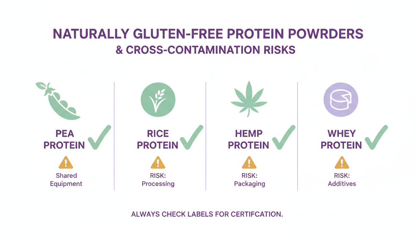 Infographic showing which protein powder types are naturally gluten-free and where cross-contamination risks exist