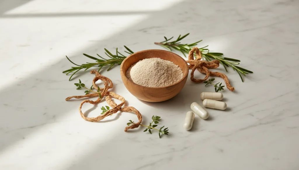 Gut health supplements - prebiotic powder, capsules and herbs on light marble surface