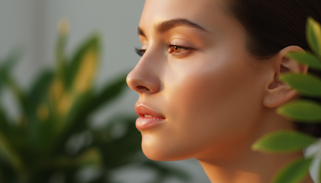 The gut-skin connection - woman with radiant healthy skin surrounded by natural greenery