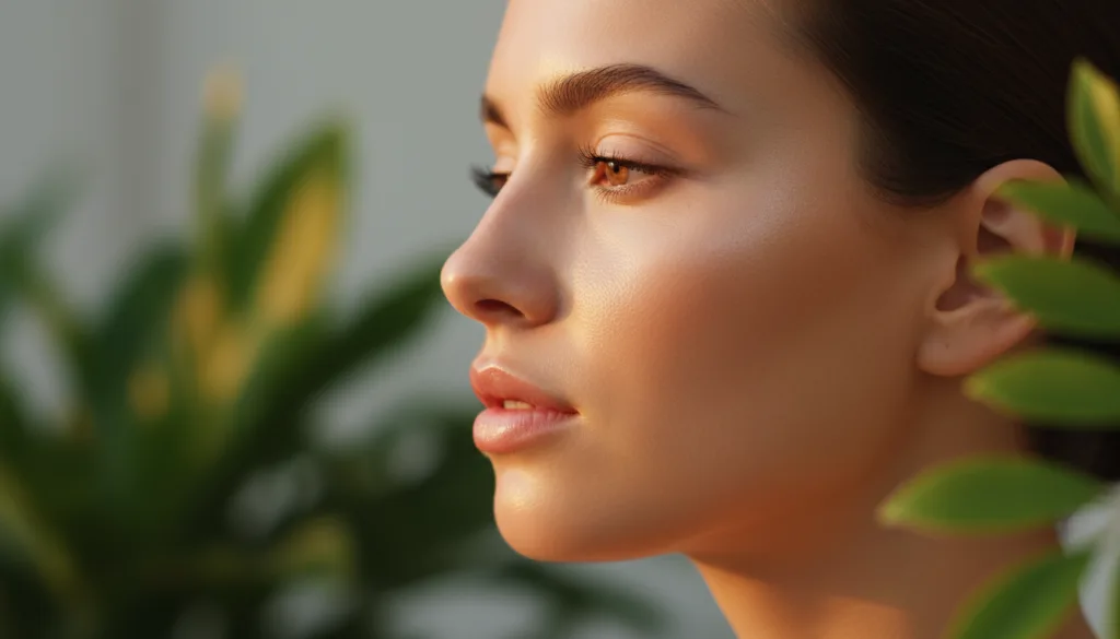 The gut-skin connection - woman with radiant healthy skin surrounded by natural greenery