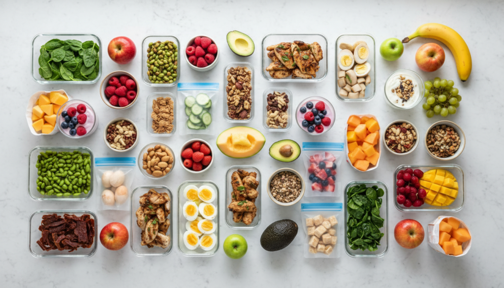 Healthy snacking habits - organised snack prep with protein snacks, nuts and fruit