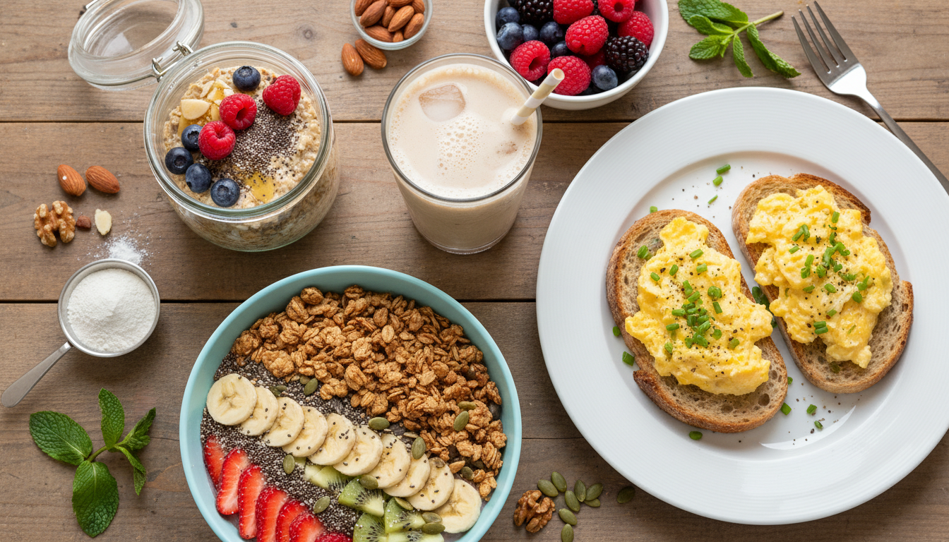 Flat-lay photo of high-protein breakfast options including protein shake, overnight oats, eggs on toast, and smoothie bowl