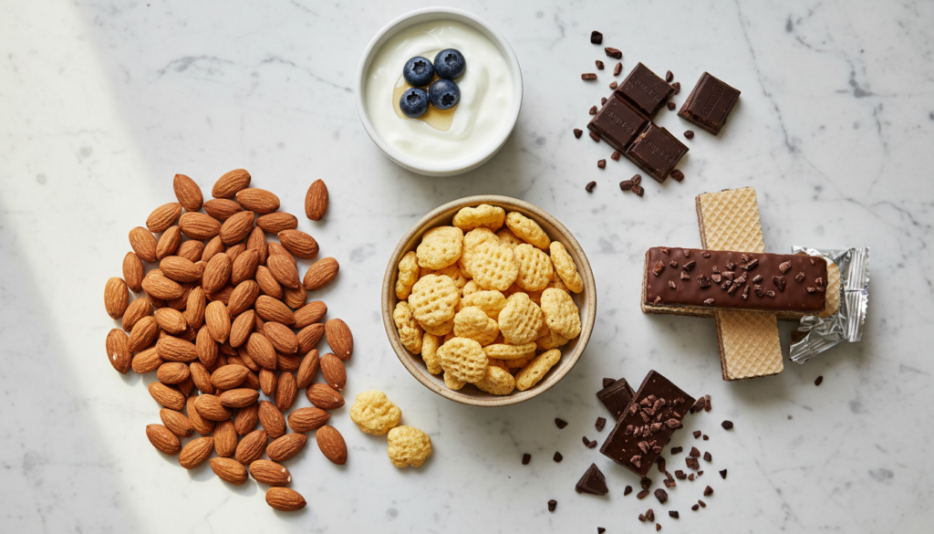 Best high protein snacks - crisps, chocolate, wafers, almonds and yoghurt