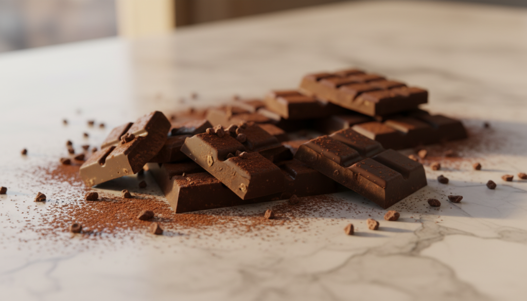 Protein chocolate - rich dark chocolate pieces with cocoa powder