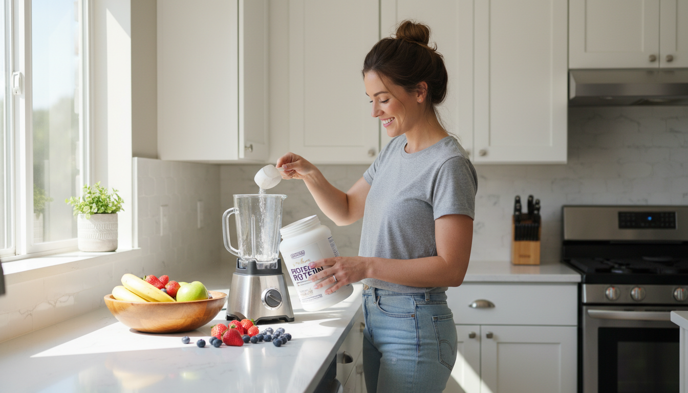 Woman making a protein shake in her kitchen in a relaxed, everyday setting