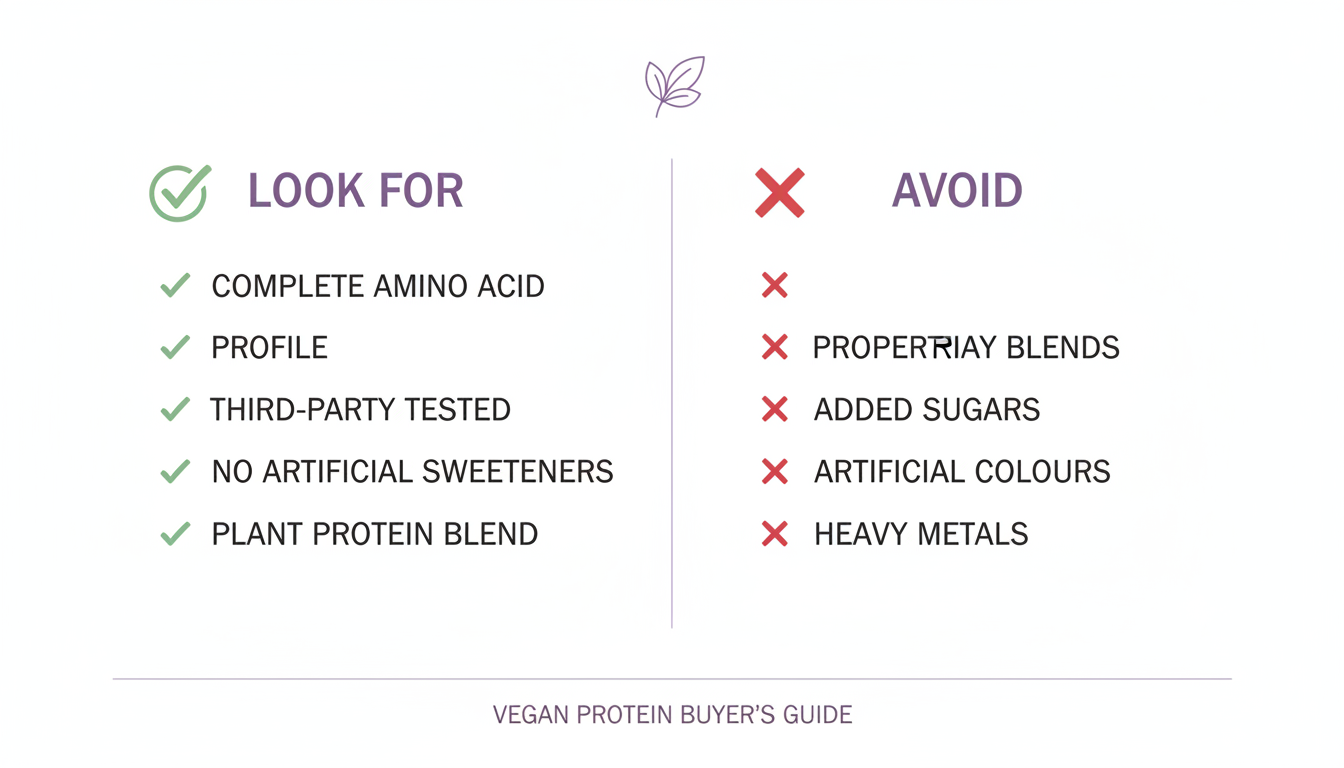 Ingredient checklist infographic showing what to look for and what to avoid in a vegan protein powder