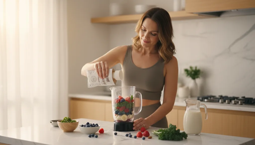 Why women need protein - woman making a protein smoothie with fruits and vegetables
