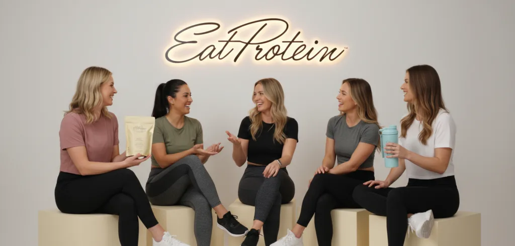 Five women chatting together with EatProtein neon sign and products