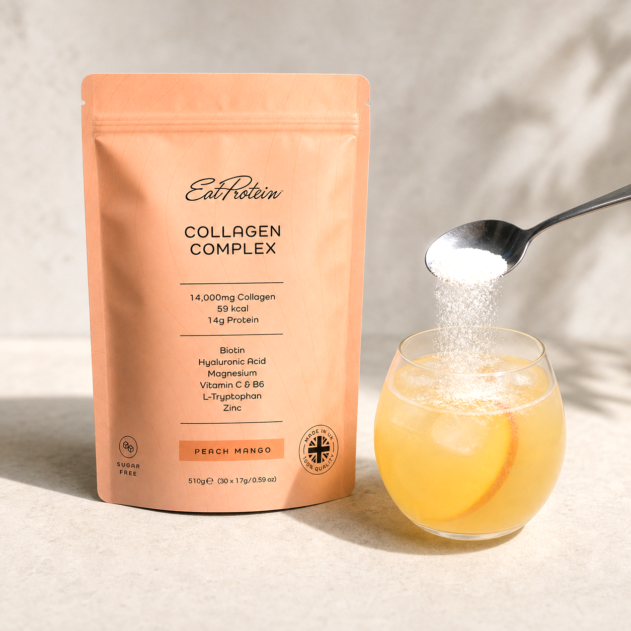Peach Mango Collagen prepared in a glass