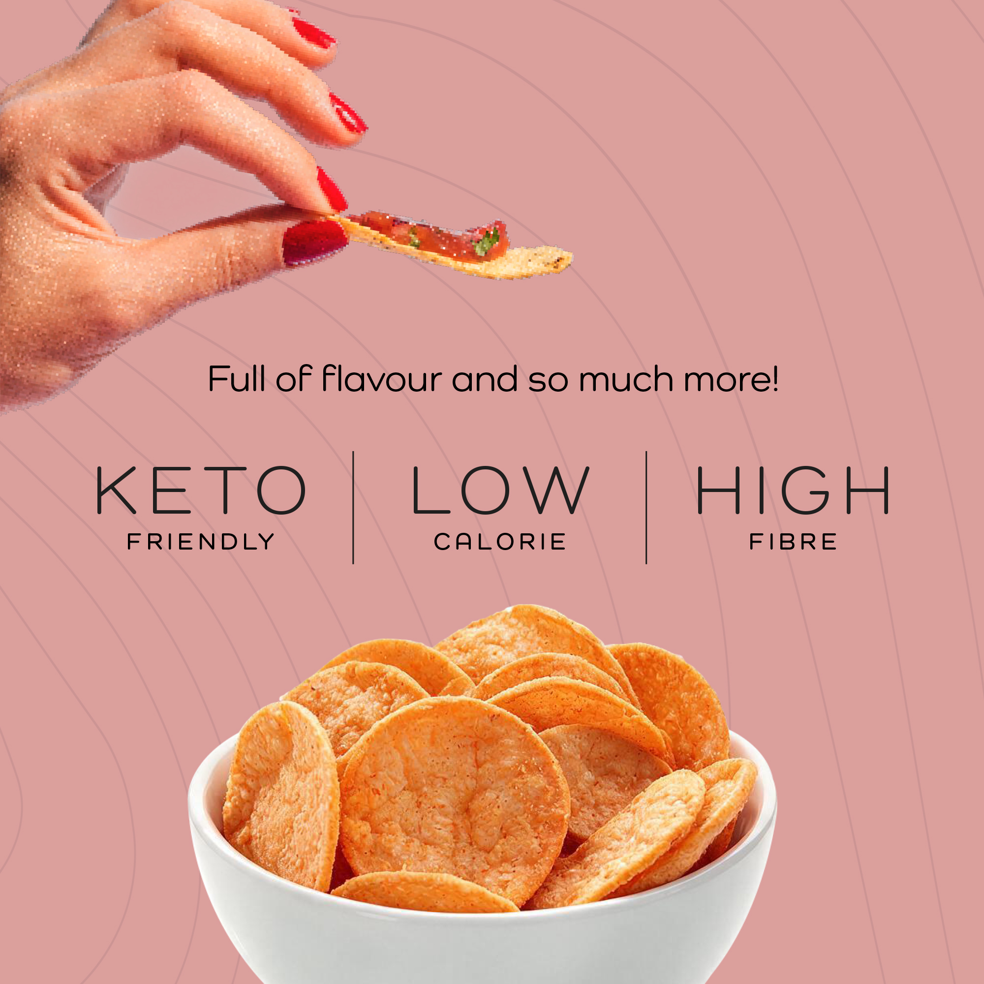 Bowl of EatProtein paprika protein crisps with a crisp being dipped into salsa