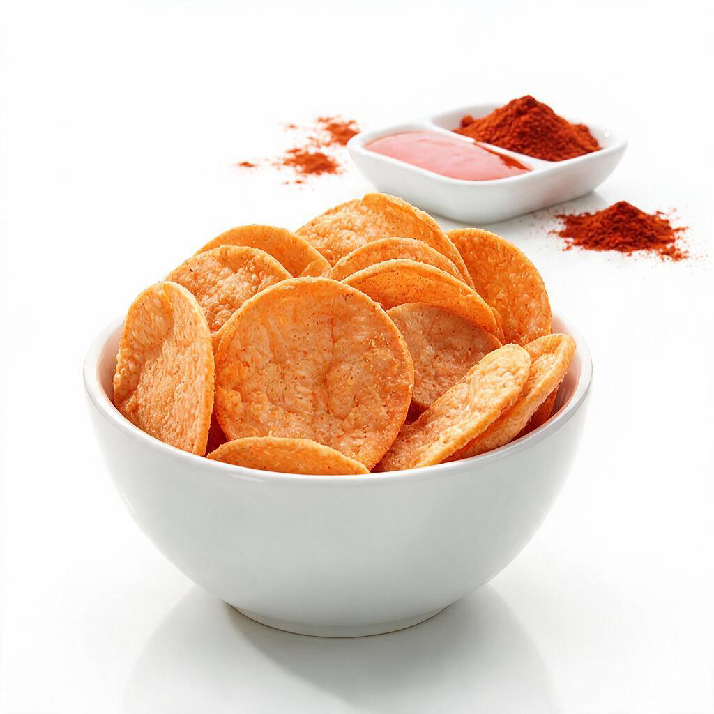 Bowl of EatProtein paprika protein crisps served with paprika powder and a dip