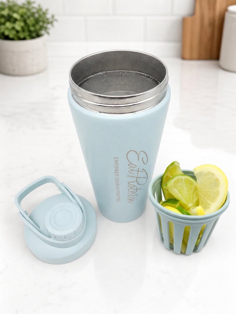 The mixer cage filled with lemon and lime slices next to the bottle