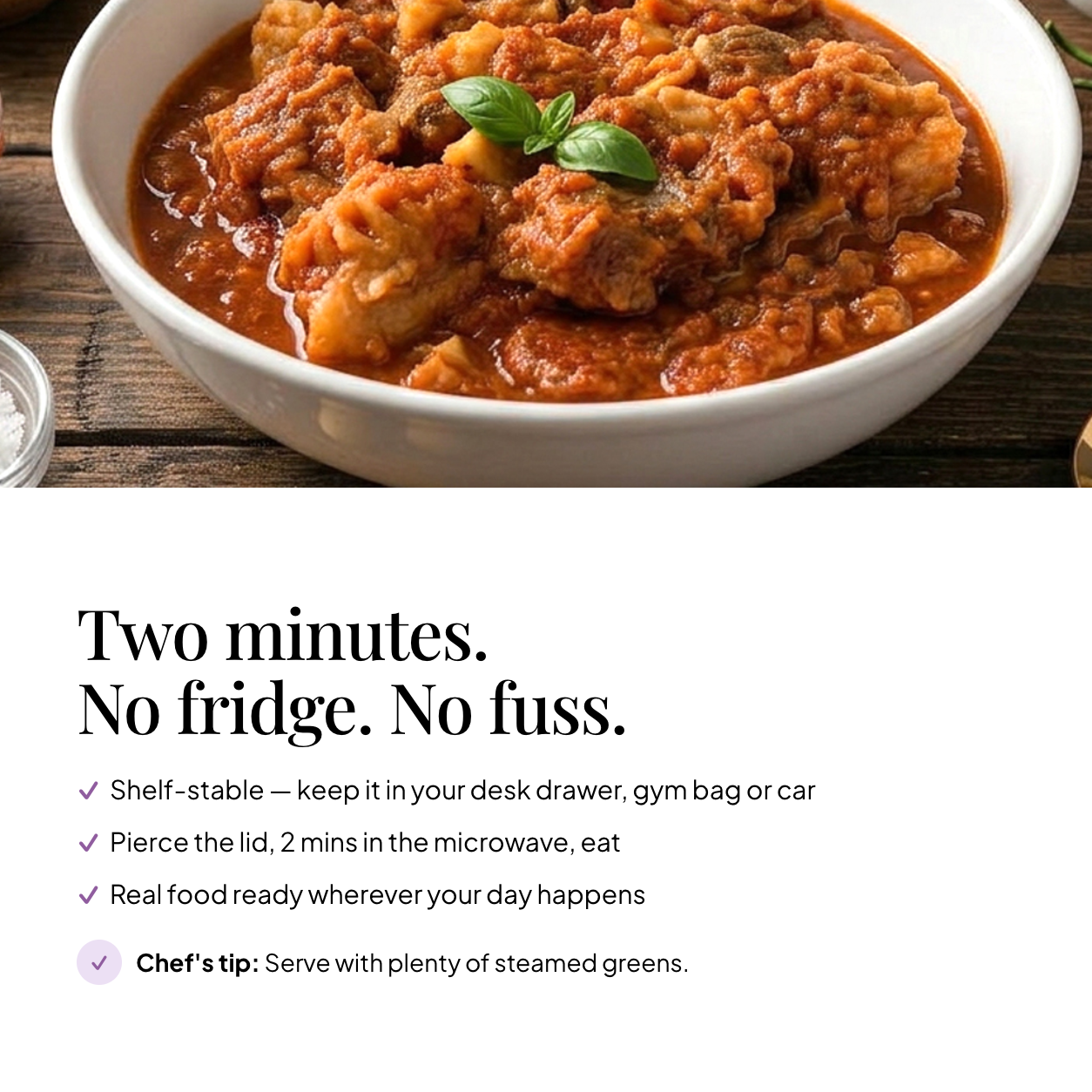 Bowl of EatProtein Italian beef stew ready meal — shelf stable, pierce the lid and microwave for 2 minutes; chef's tip: serve with plenty of steamed greens