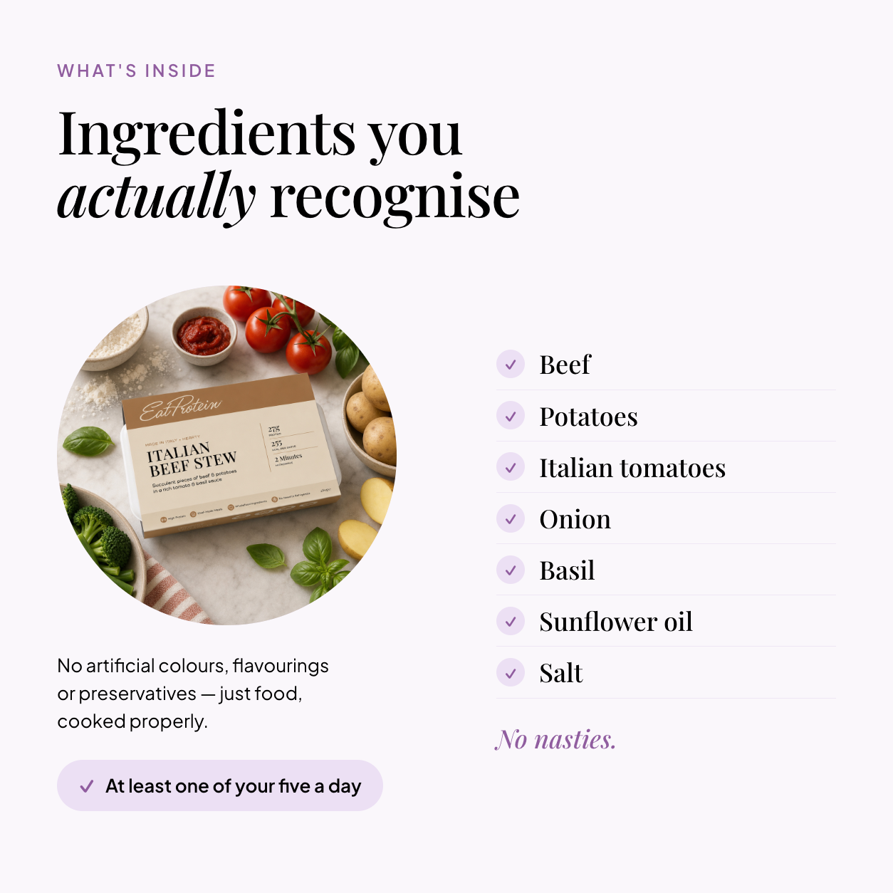 EatProtein Italian beef stew ready meal pack with its ingredients — beef, potatoes, Italian tomatoes, onion, basil and salt; no artificial colours, flavourings or preservatives