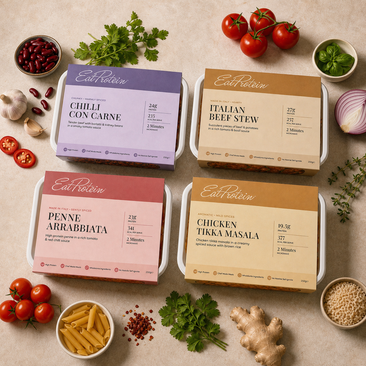 All four EatProtein ready meals — chilli con carne, Italian beef stew, penne arrabbiata and chicken tikka masala