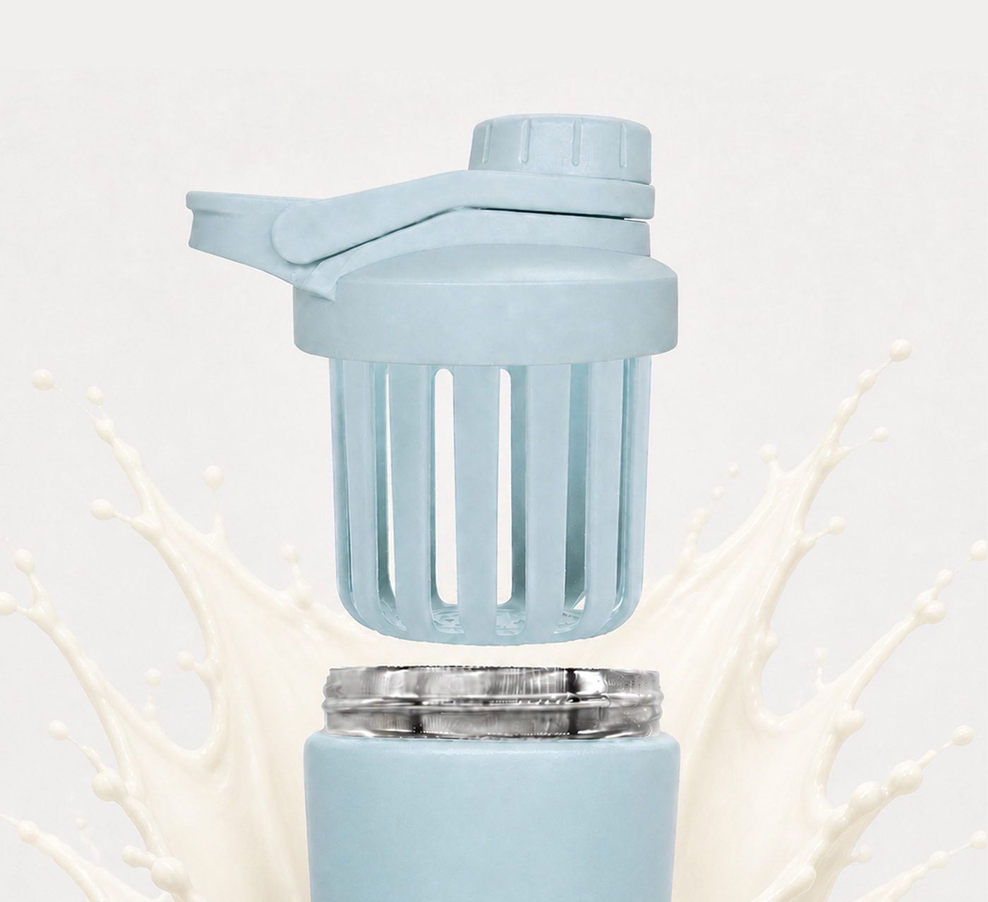 The insulated bottle with the silent mixer fitted, used as a protein shaker