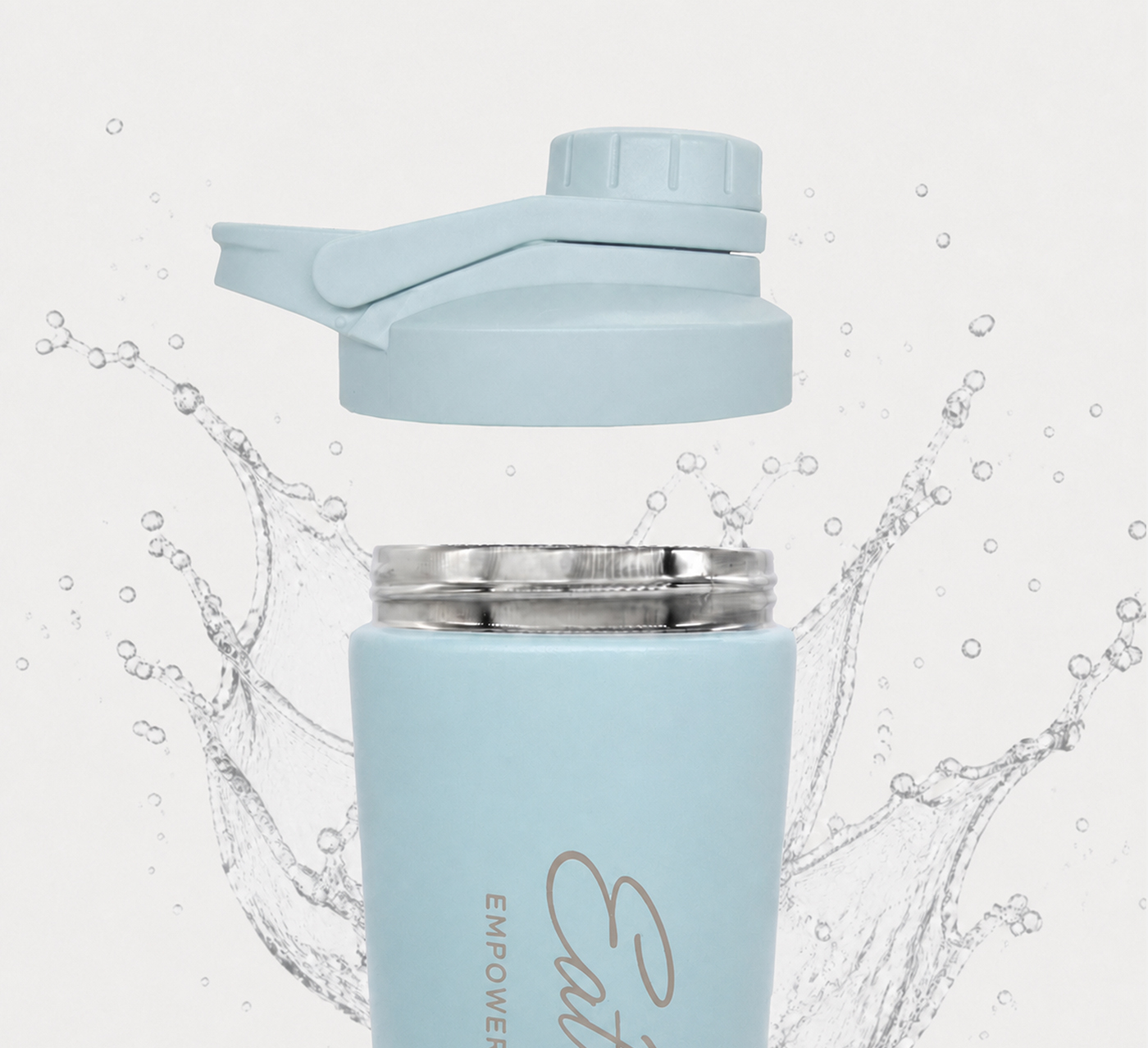 The insulated bottle without the mixer, used as a water bottle