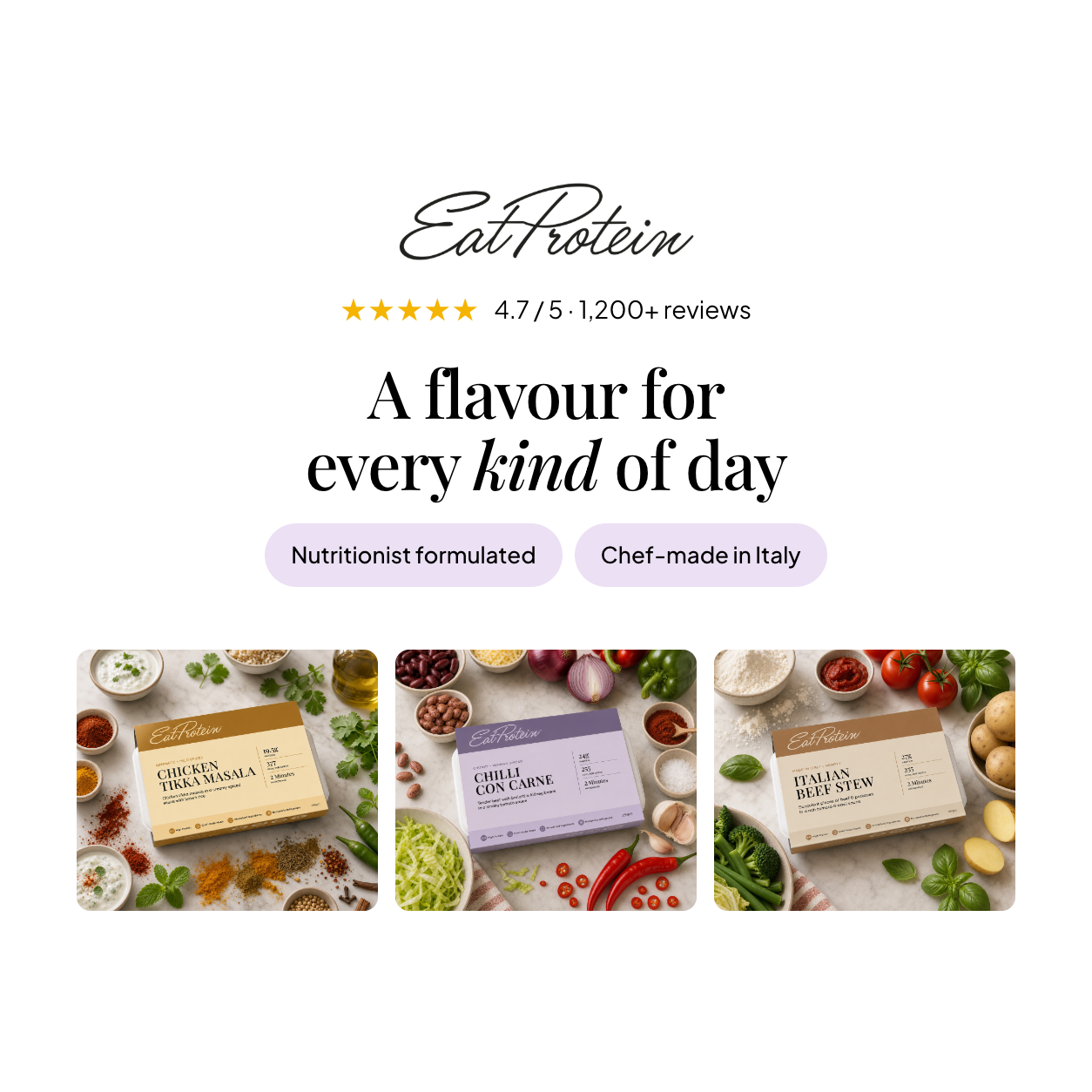 The EatProtein ready meal range — chicken tikka masala, chilli con carne and Italian beef stew — nutritionist formulated and chef-made in Italy